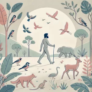 Homem andando entre animais. Estilo minimalista.