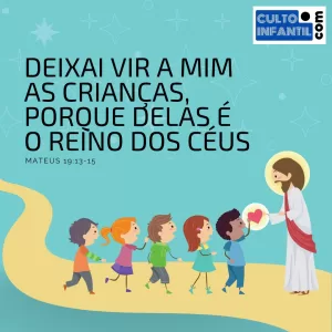Desenho de Jesus com crianças num caminho e um versículo sobre a imagem