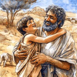 Ilustração de pai abraçando filho em lugar desértico