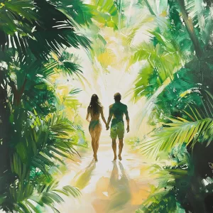 homem e mulher andando no meio de mata nativa