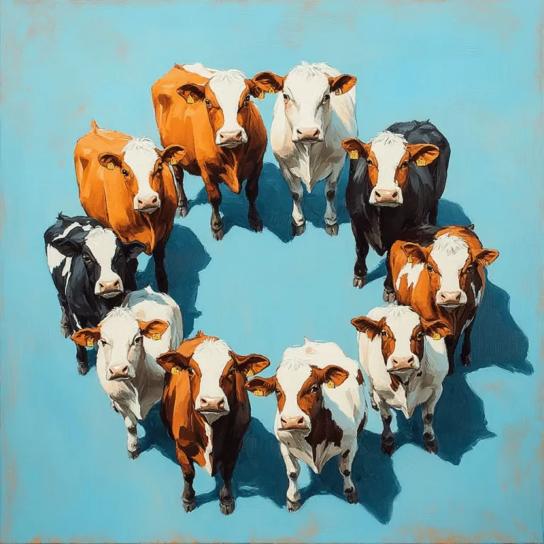 Vacas em fundo azul olhando para cima