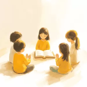 Crianças reunidas em círculo orando