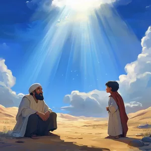 Menino com seu pai em um deserto com sol brilhando sobre eles - desenho