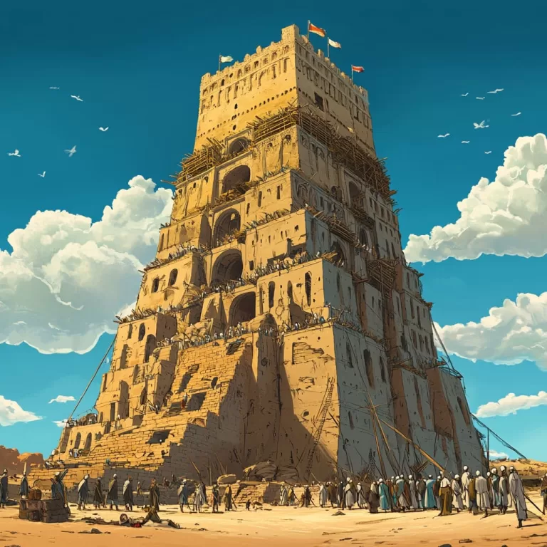 Desenho de torre de babel com muitas pessoas em volta trabalhando na sua construção