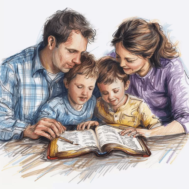 Desenho de família lendo a Bíblia juntos