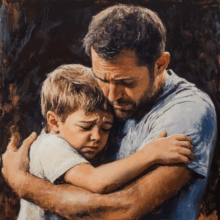 Pai consolando filho chorando