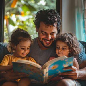 Pai lendo livro com filhas