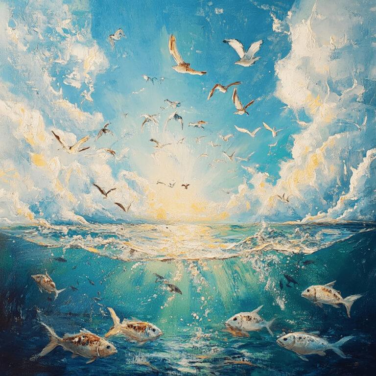 Peixes no mar e aves no céu no estilo de pintura em óleo
