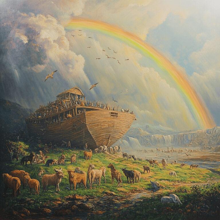 arca de noé no conceito de pintura a óleo. Animais em terreno verde com arco-íris no céu.