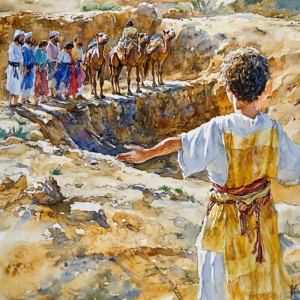 Menino com os braços abertos olhando para os seus irmãos - pintura em óleo de José sendo vendido pelos seus irmãos