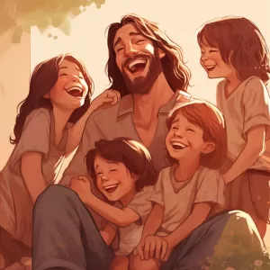 Jesus rindo com crianças em estilo de desenho
