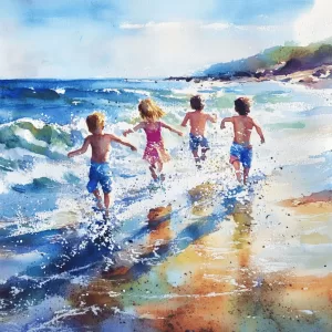 Crianças correndo na praia em pintura aquarela