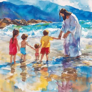 Desenho em aquarela de Jesus brincando na praia com crianças