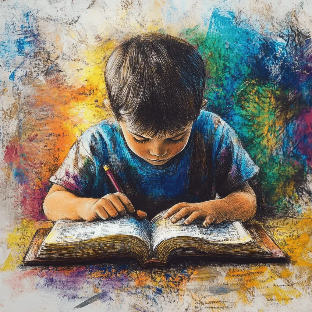 Desenho em giz de cera de criança lendo a Bíblia