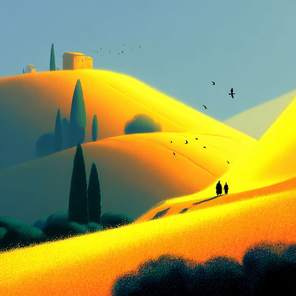 Ilustração de campo e pássaros