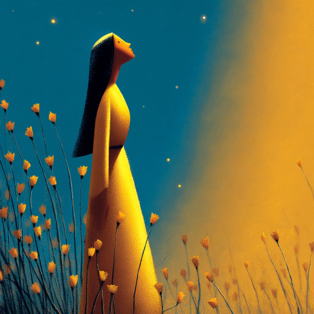 Ilustração de mulher olhando para céu estrelado com luz gloriosa