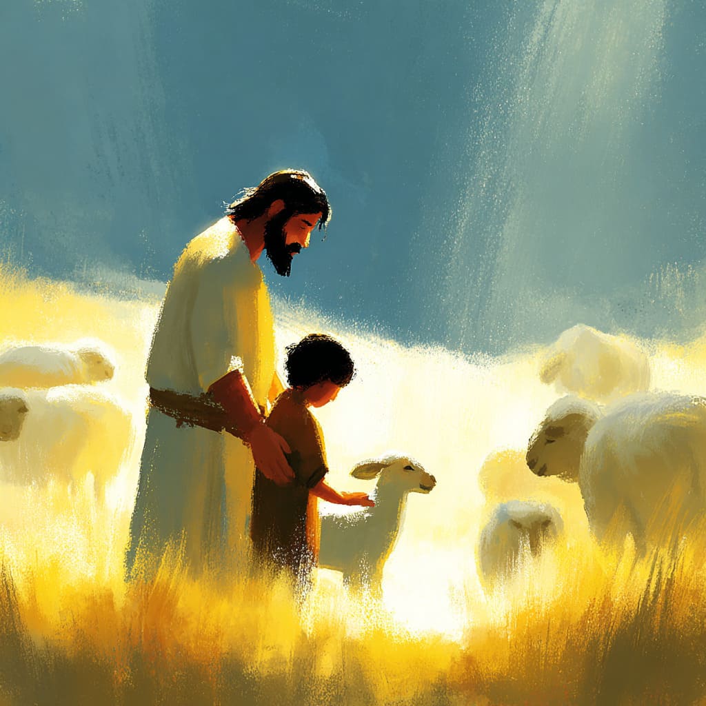 Homem e menino com ovelhas