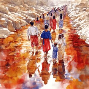 Crianças e adultos atravessando o mar vermelho