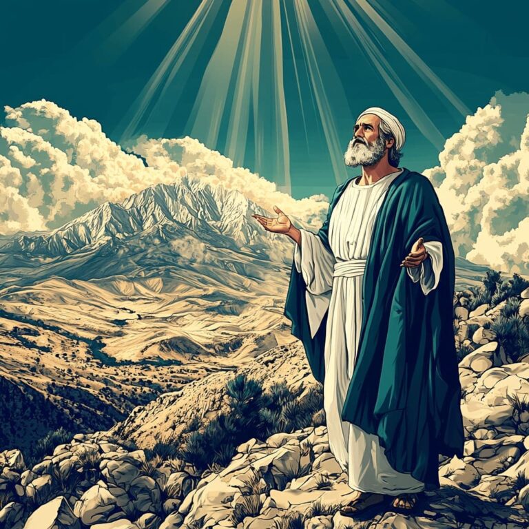 Ilustração de ancião em pé em cima de monte