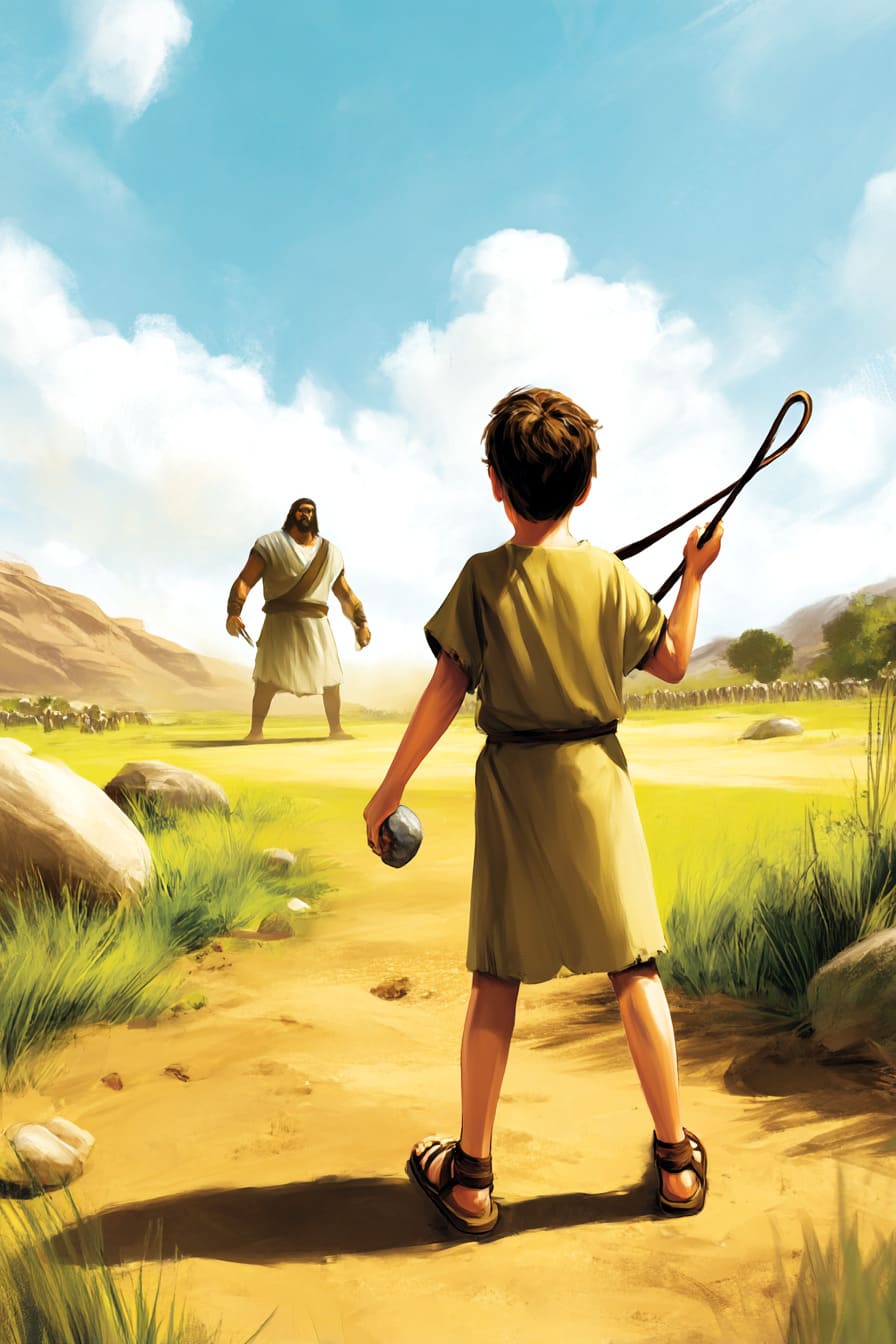 Desenho de criança e gigante em luta - Davi e Golias