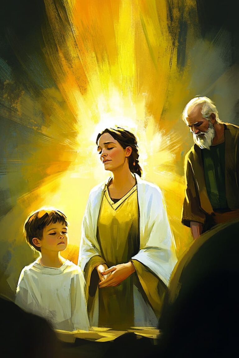 Ilustração de mãe orando com filho ao lado