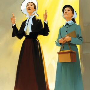 Pintura de duas mulheres olhando para o céu em espanto