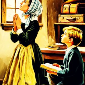 Pintura de mãe e filho orando e lendo a bíblia