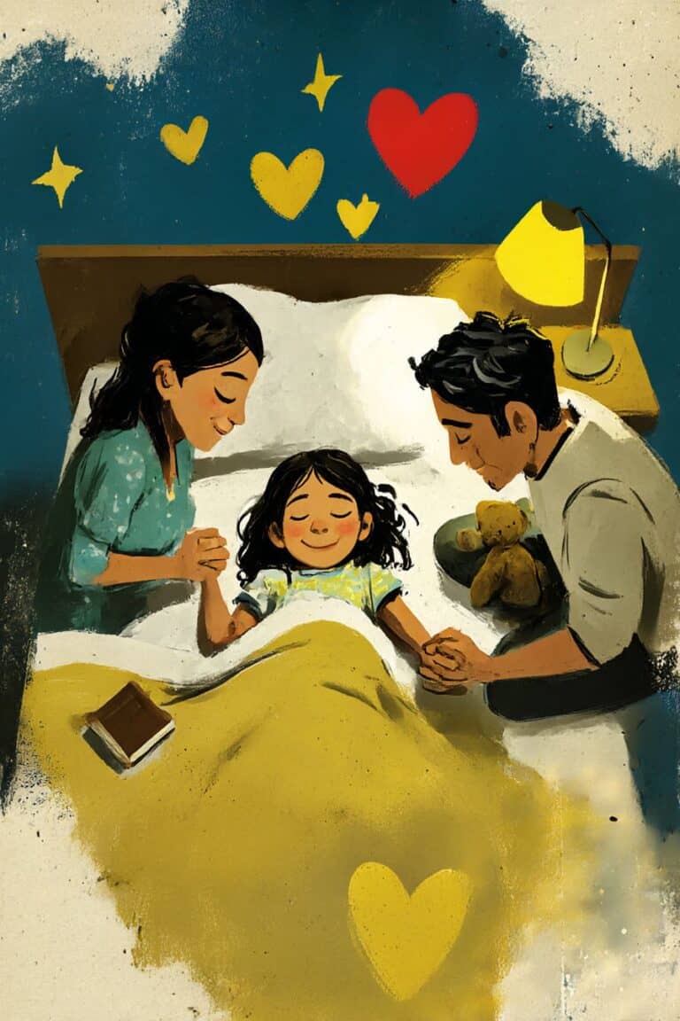 Família orando para dormir. Ilustração infantil.