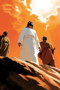 Desenho de Jesus no alto de um monte com mais dois homens