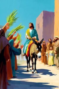 Desenho de Jesus montando em um jumento