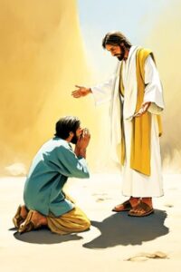 Desenho de homem suplicando para Jesus
