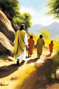 Desenho de 4 homens caminhando em caminho