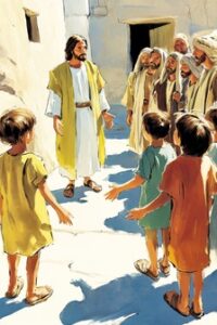 Desenhos de Jesus com crianças e homens próximo a Ele - estilo óleo em tela