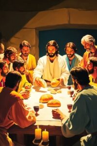 Desenho de Jesus e vários homens sentados na mesa
