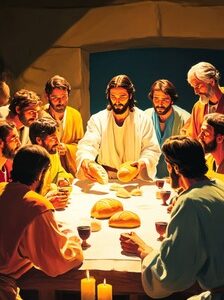 Desenho de Jesus e vários homens sentados na mesa