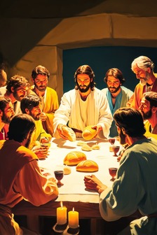 Desenho de Jesus e vários homens sentados na mesa