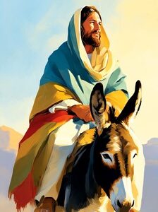 Desenho de um homem, semelhante a Jesus, montando em um jumento