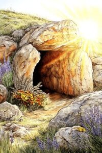 Desenho de uma tumba vazia com o sol brilhando