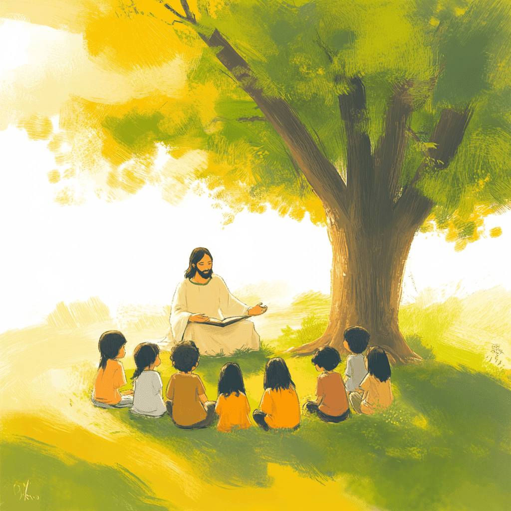 Desenho de Jesus com crianças em gramado
