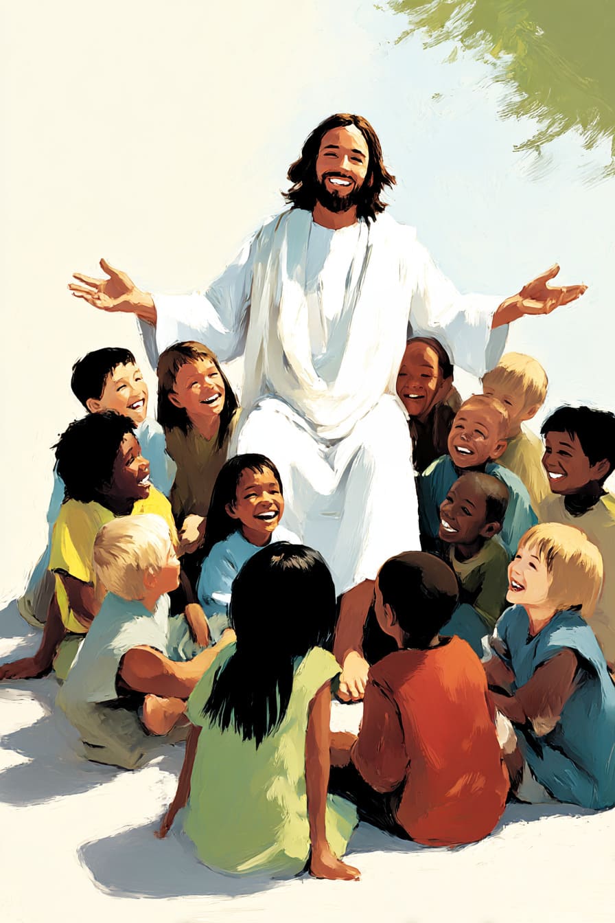 Ilustração de Jesus com crianças em uma roda