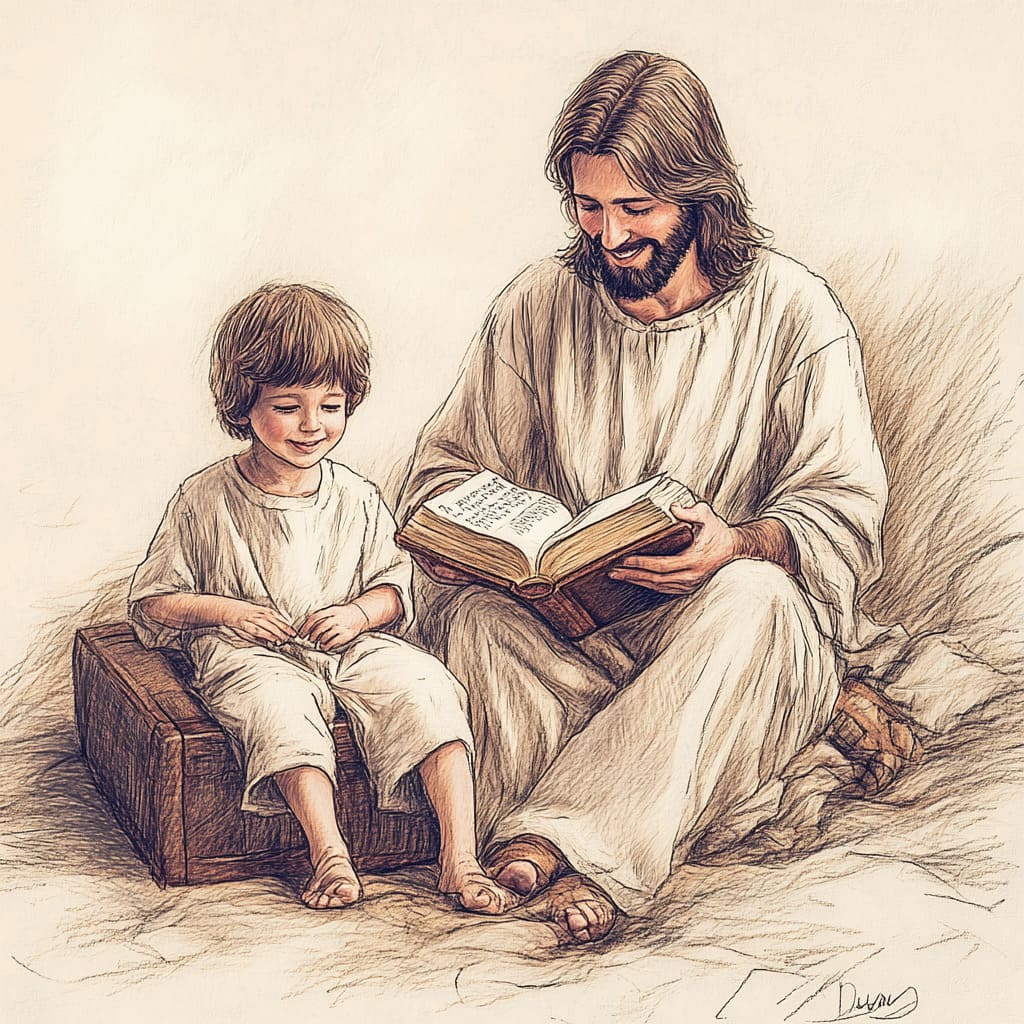 Desenho de Jesus com menino lendo a Bíblia