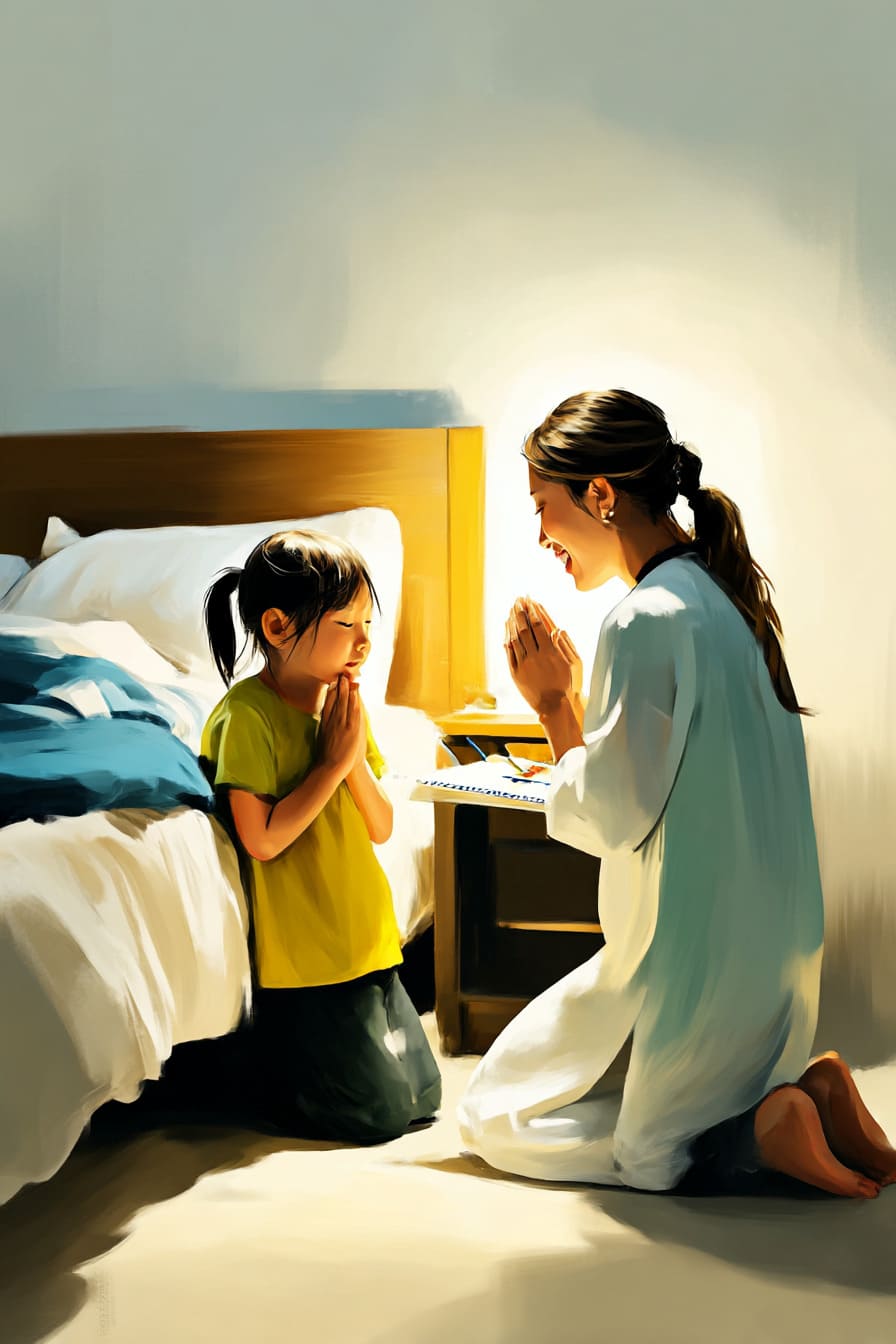 Mãe e filha ajoelhadas orando