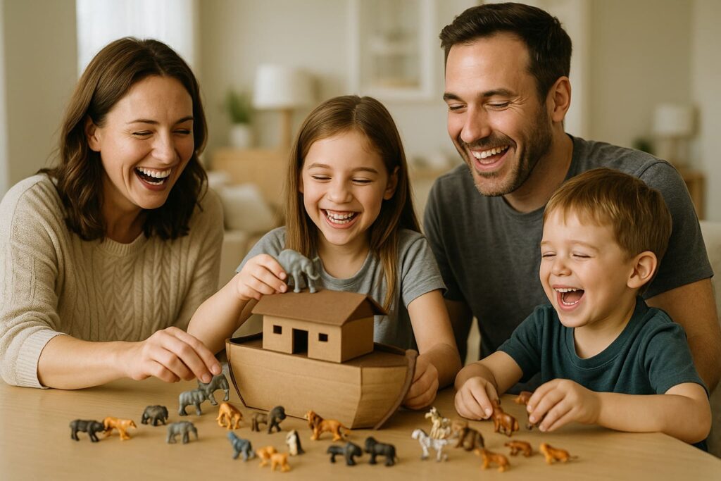 Família brincando com animais e arca de noé