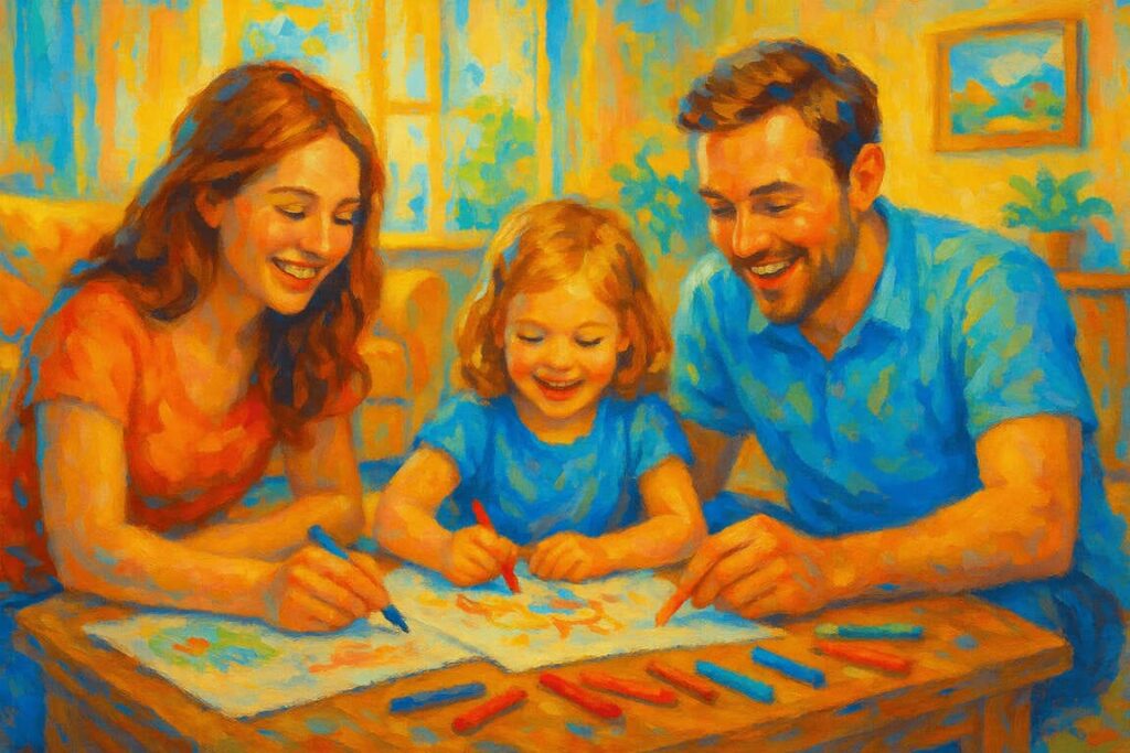 Pai e mãe com filha brincando com pintura e lápis e giz de cera. Família feliz.