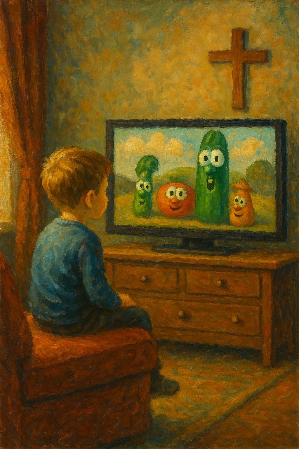 Pintura de criança assistindo tv