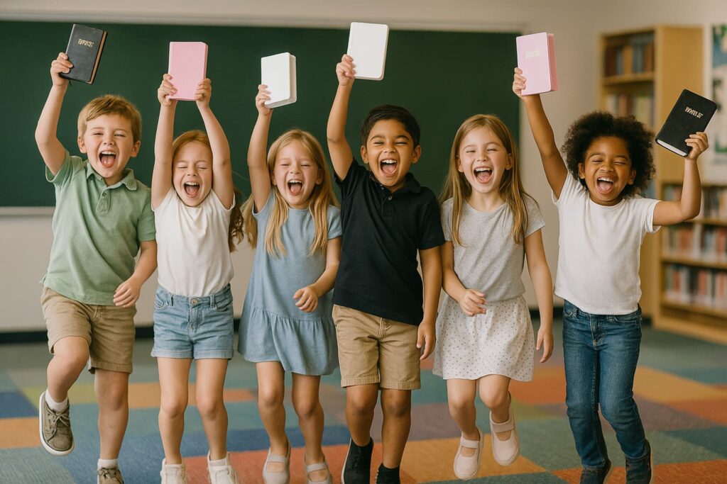 crianças pulando com livros nas mãos