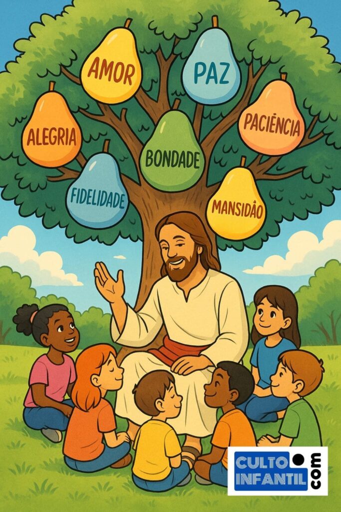 desenho de jesus ensinando crianças sobre os frutos do espírito com os frutos na árvore