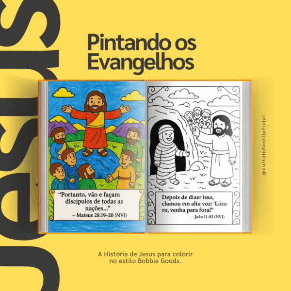 Capa de livro infantil de colorir com ilustrações de Jesus e de cenas dos evangelhos