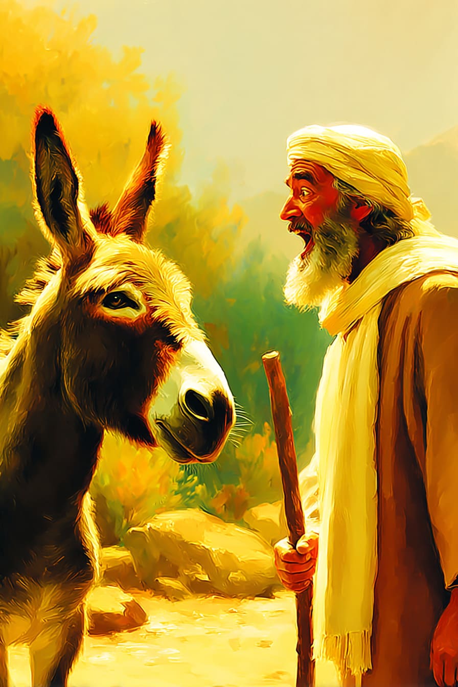 Homem gritando ao olhar para jumenta. Ilustração infantil