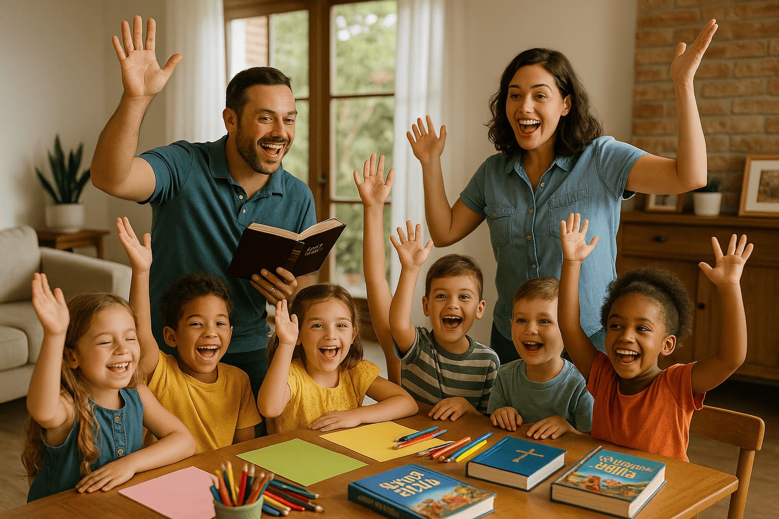 Crianças com os braços levantados em atividades com professores